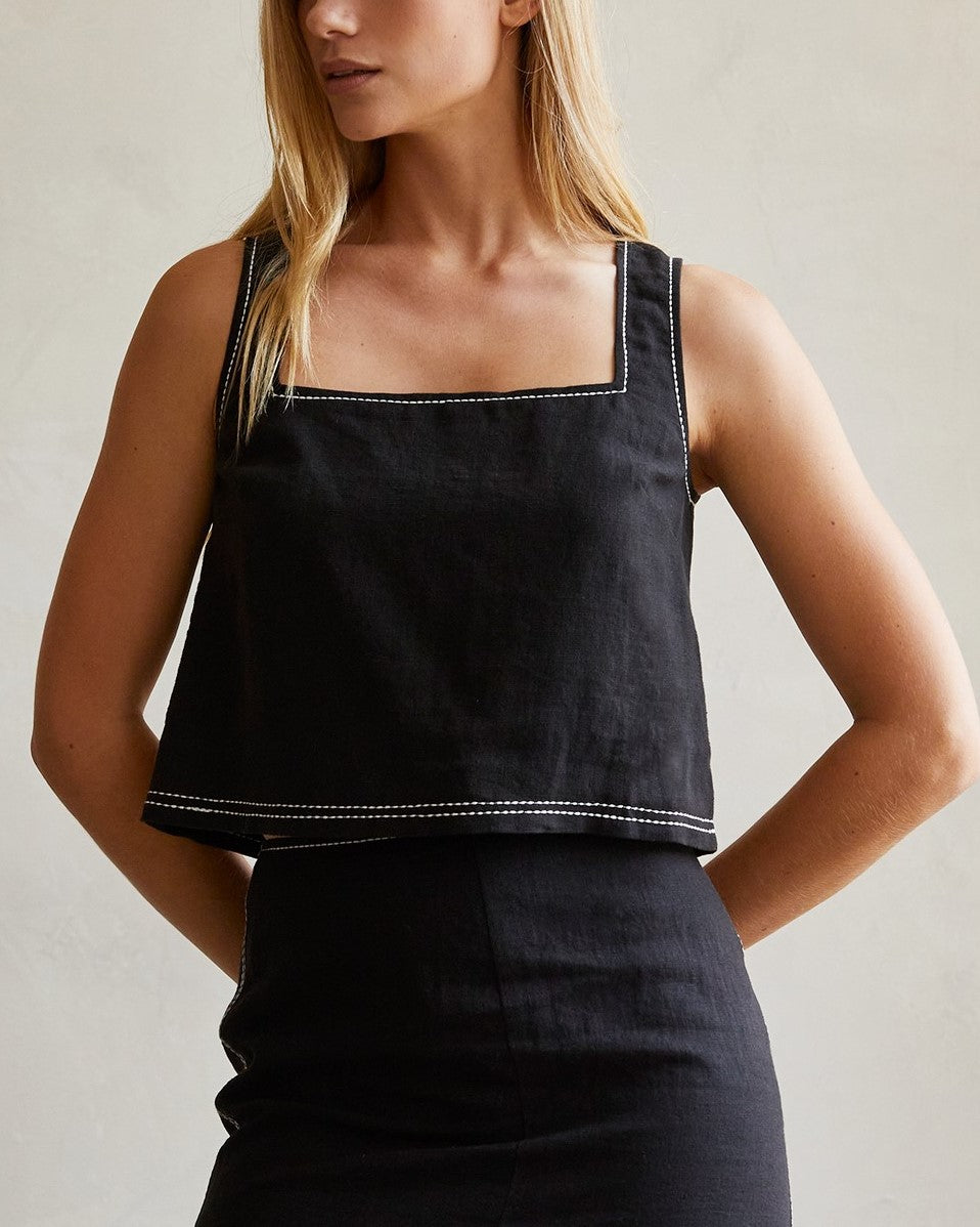 Taby Contrast Stitch Linen Top