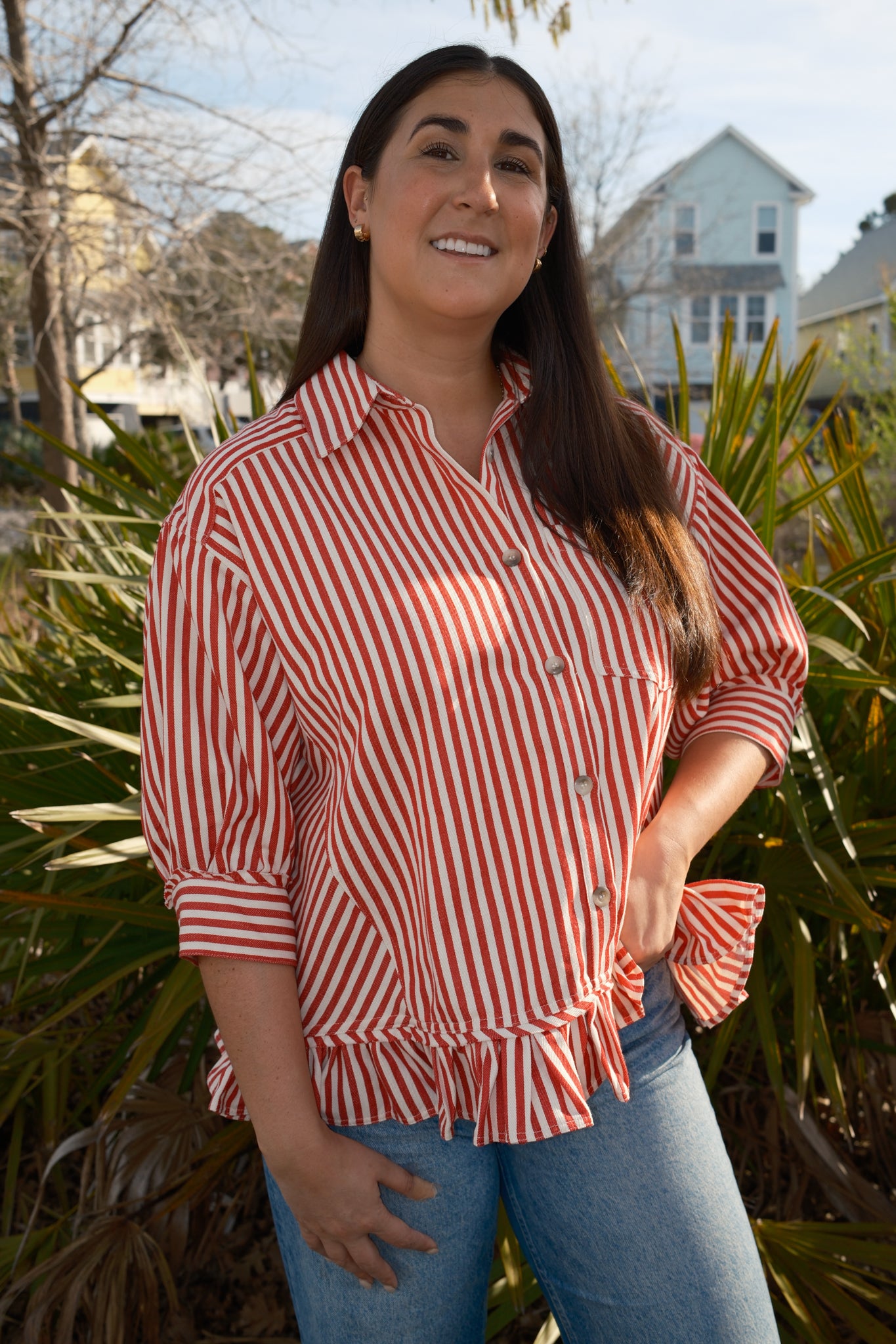 Mallory Striped Ruffle Hem Blouse