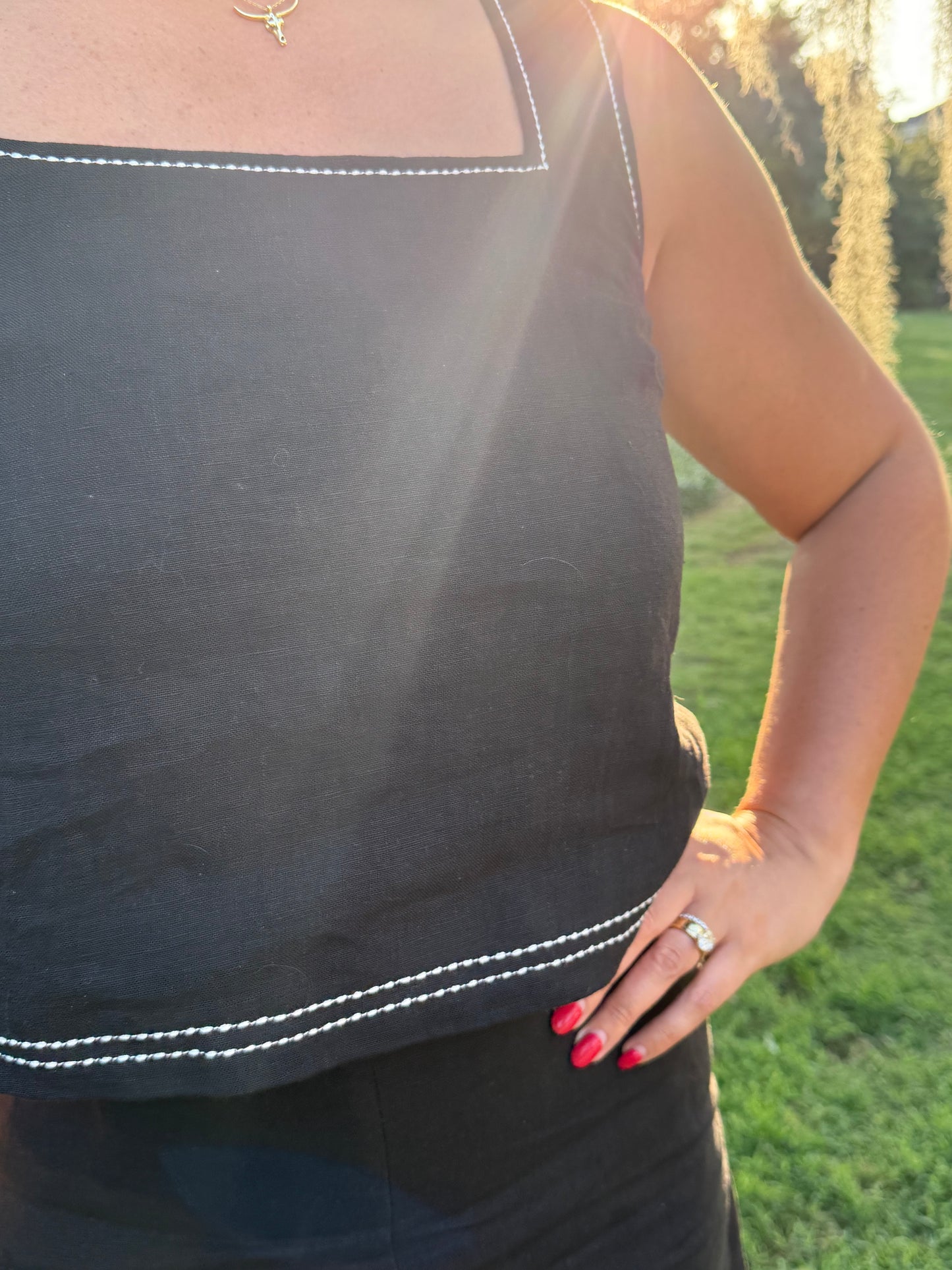 Taby Contrast Stitch Linen Top