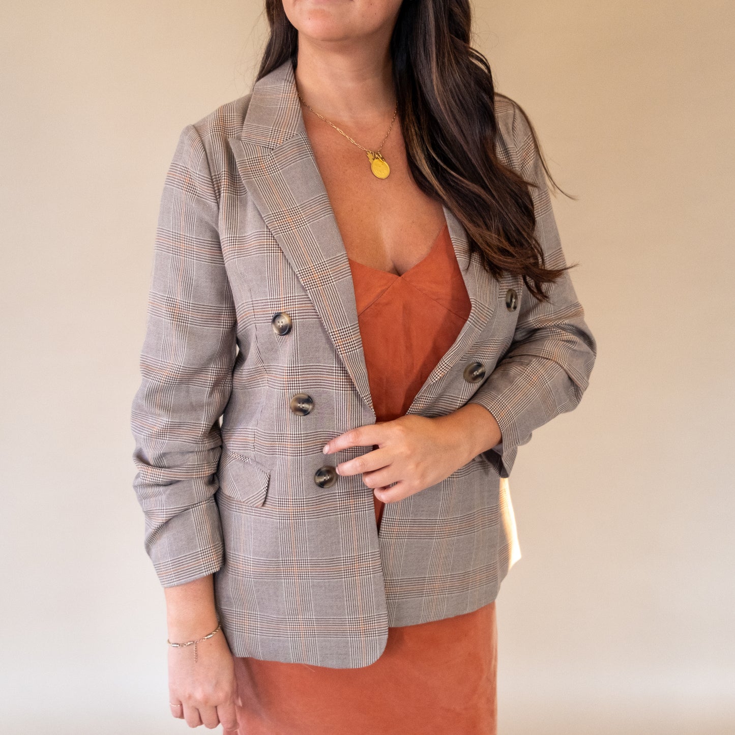 Edison Plaid Ruched Sleeve Open Blazer