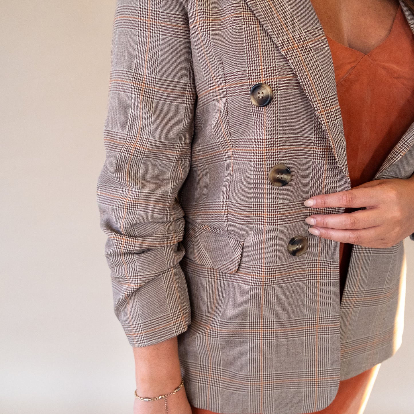 Edison Plaid Ruched Sleeve Open Blazer