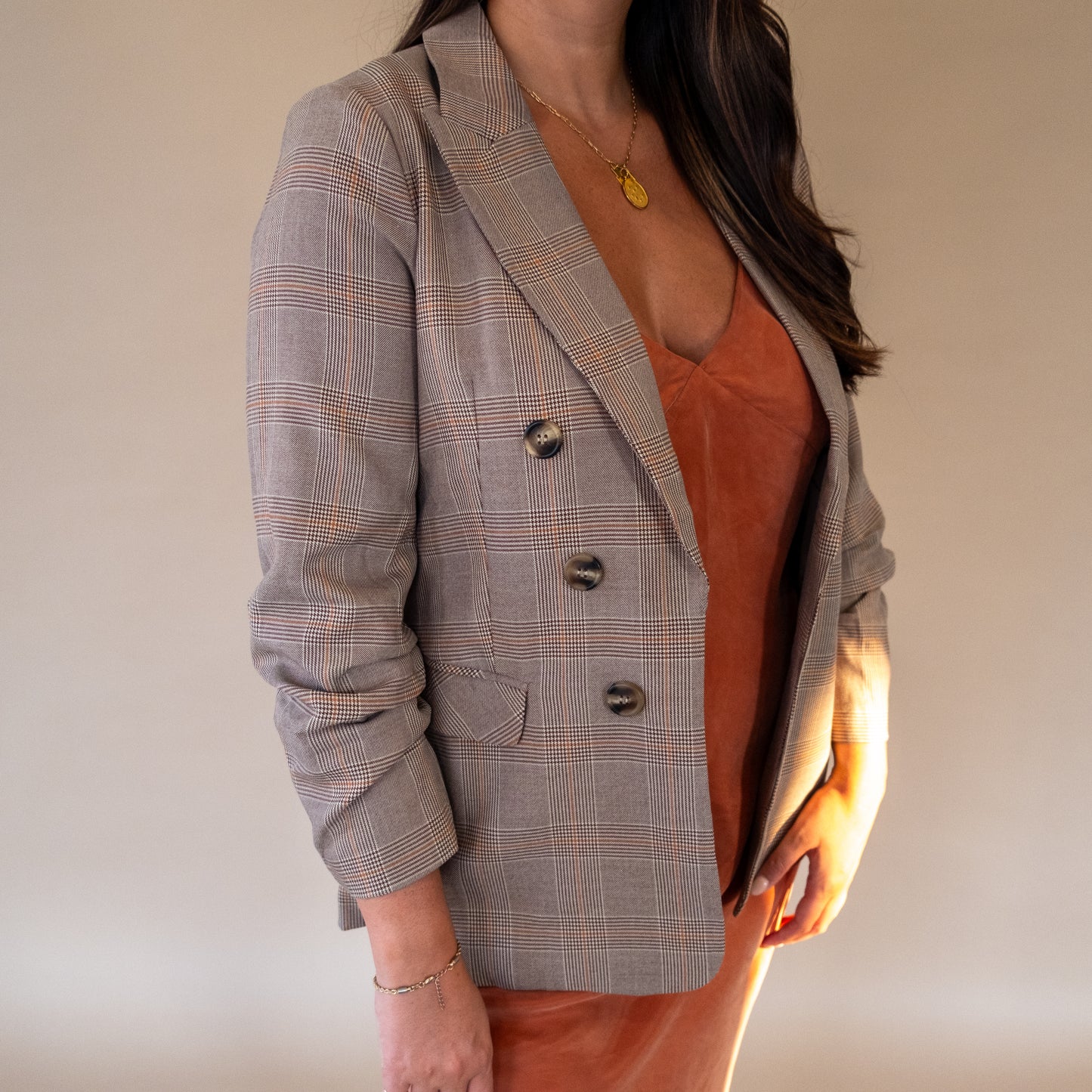 Edison Plaid Ruched Sleeve Open Blazer